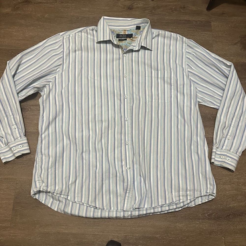 Nat Nast Shirt Mens 2XL Blue Striped Luxury American Fit Casual Button Up XXL